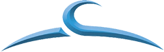 Blue abstract swoosh logo with a curved, wave-like design on a transparent background.