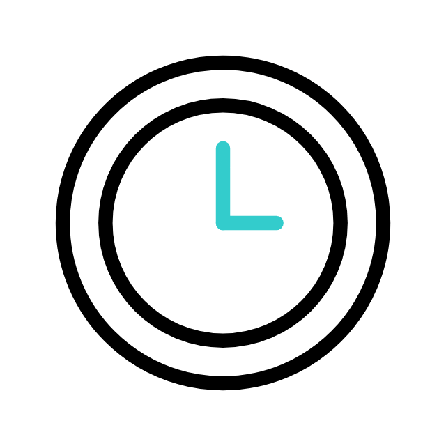 A simple black and blue line drawing of a clock showing the time as 3 o'clock.