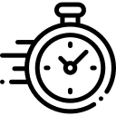 Black and white line drawing of a stopwatch with motion lines on the left, indicating speed or urgency.