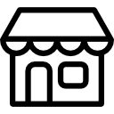 Simple black and white icon of a small storefront with a door, window, and an awning.
