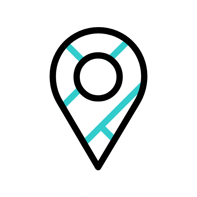 A simple location pin icon with blue lines representing a map within the pin outline on a white background.