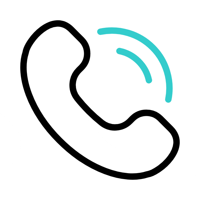 Black outline of a telephone handset with two blue curved lines indicating sound or signal, on a white background.