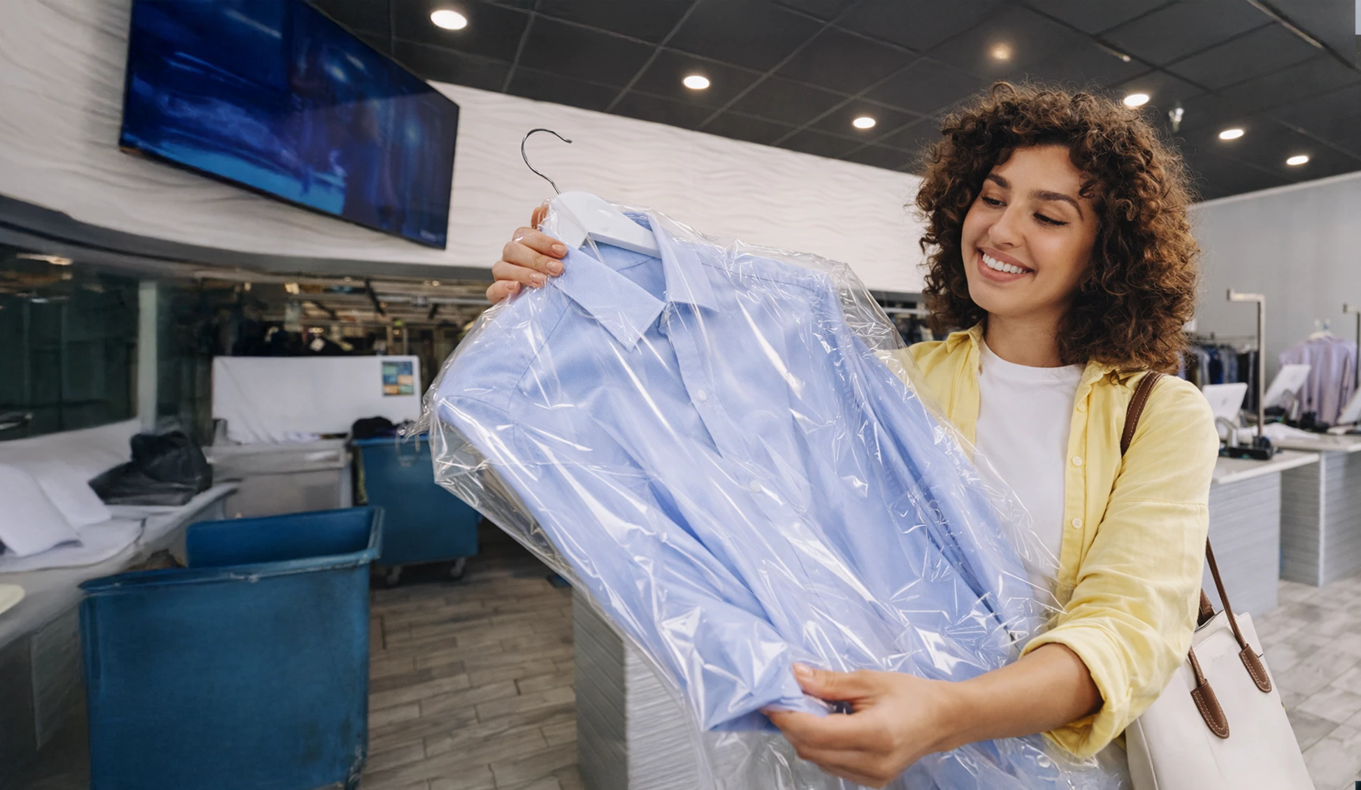 A woman smiles while holding a freshly cleaned, pressed blue dress shirt covered in plastic at a dry cleaning shop.