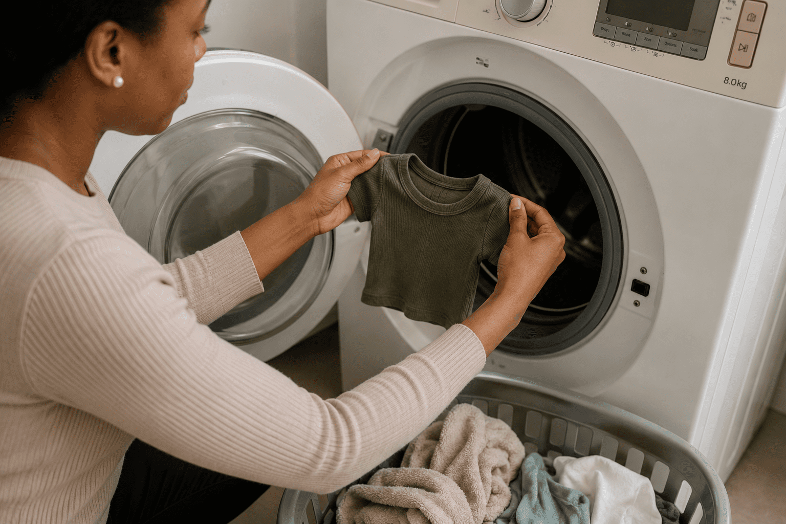 A woman holds a shrunken green t-shirt in front of an open washing machine, with a laundry basket of clothes nearby.